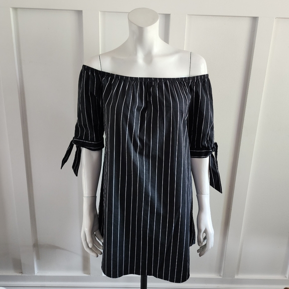 Streetwear society black/white striped off the shoulders mini dress, M - Picture 2 of 9